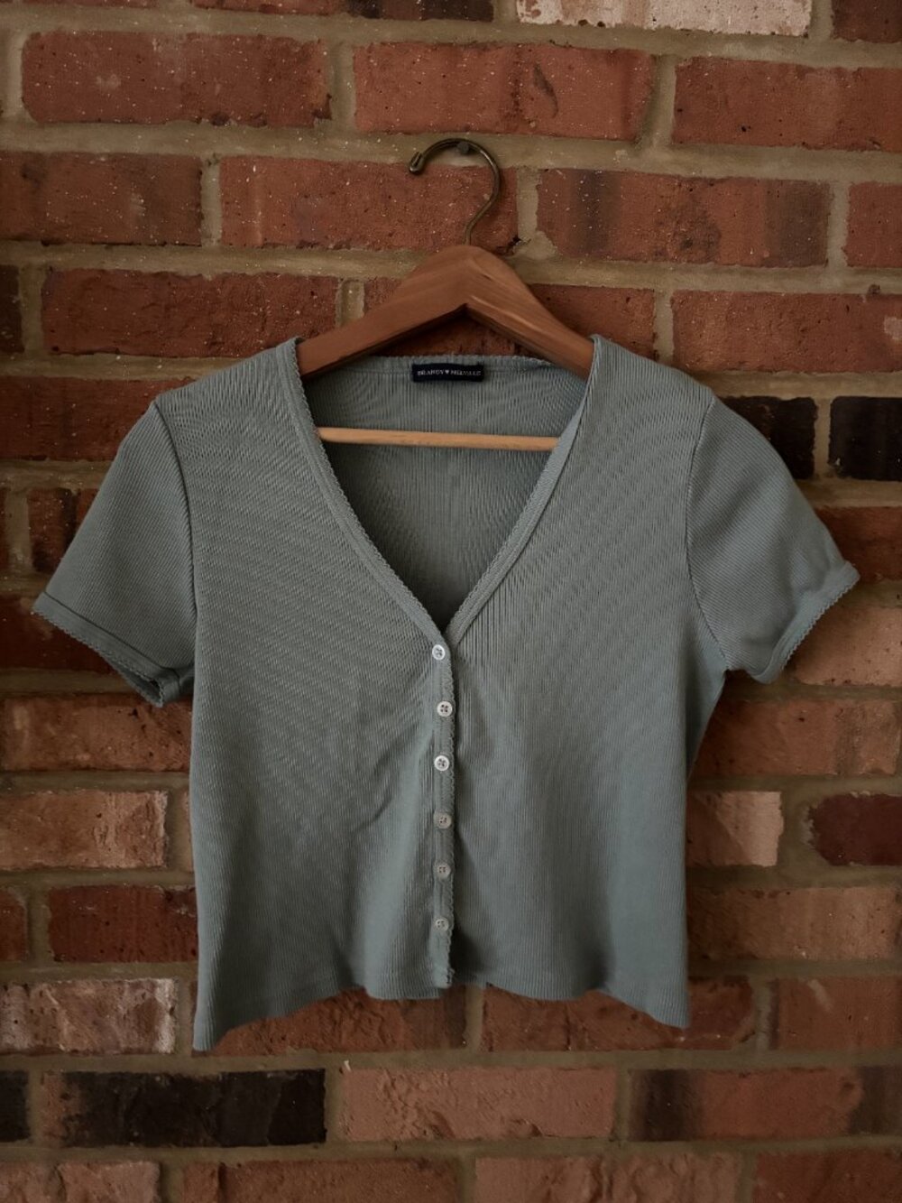 Brandy Melville Sage Green Ribbed V-Neck Button Up Crop Top - One Size